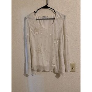 JKara New York Women Ivory Beaded Sequin Floral Chiffon‎ V-Neck Blouse XL Formal